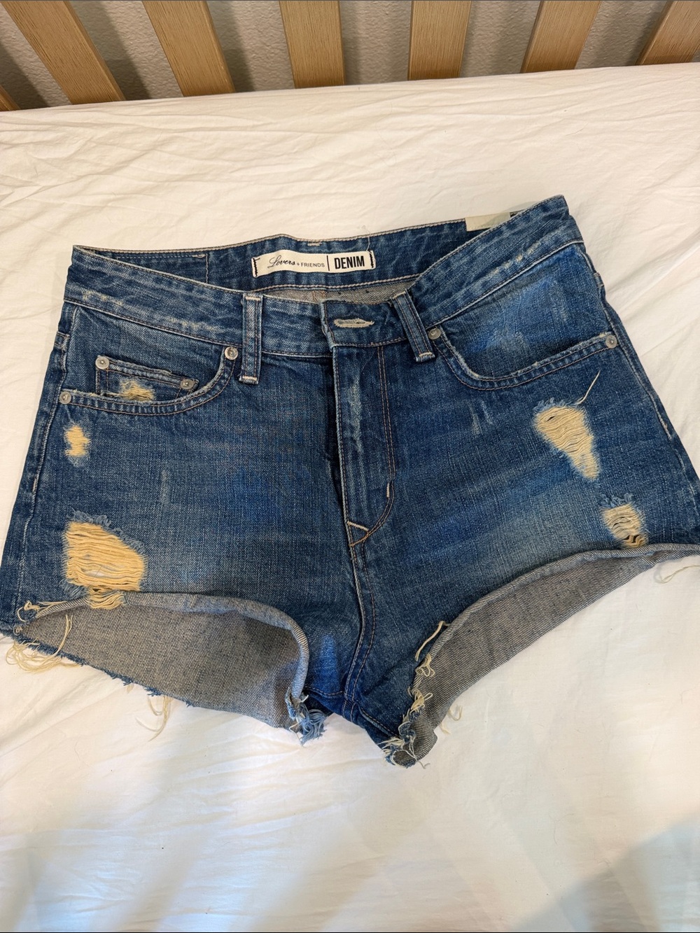 Lovers + Friends Distressed Dark Blue Denim Shorts